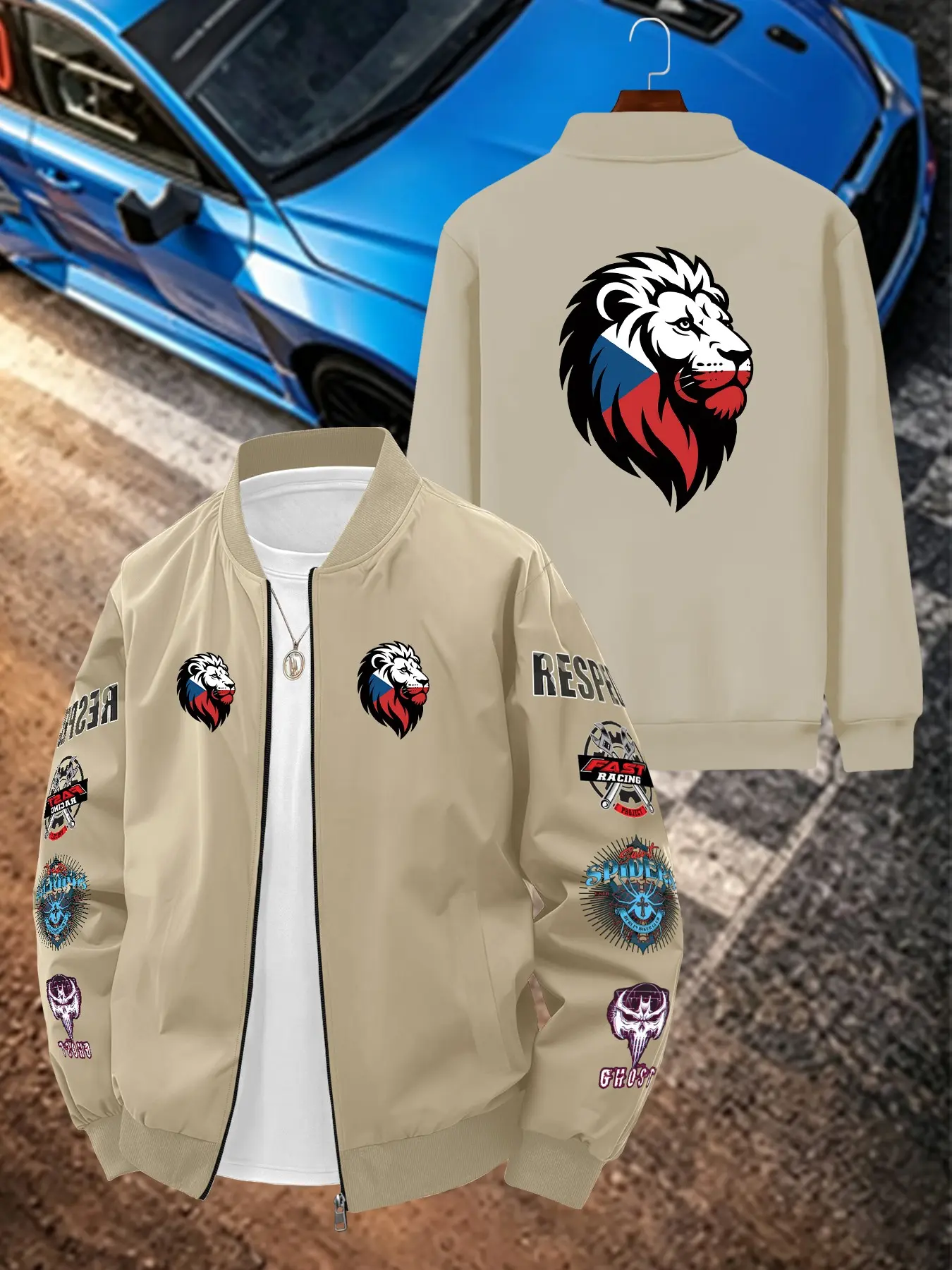 Lion Pattern Print Men's Casual Jacket, Long Sleeve Loose-Fitting Outerwear, Geometric Design, All Seasons Wear, Plain Surface