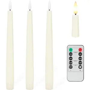 3 Pack 9.6" Ivory Flameless Taper Candles, 3D Wick Real Wax LED Flickering Candlesticks with Remote & Timer, Battery Operated Classic Tall Candles for Home Wedding Party