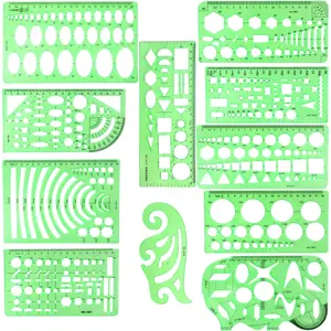 11PCS Geometric Drawings Templates, Drafting Stencils Measuring Tools, Plastic Clear Green Ruler Shapes with a Zipper Bag for Architecture, Office, Studying, Designing and Building