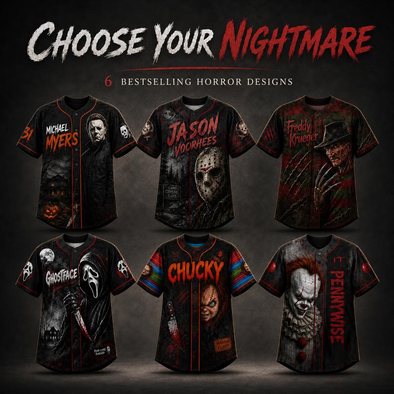 Unisex Breathable Elastic Fabric Slasher Baseball Jersey - Jersey Shirts, Short Sleeve Tops, Horror Logos, Multi-Size, Classic Movie Characters Wear, Halloween Party Outfit, Halloween Gift
