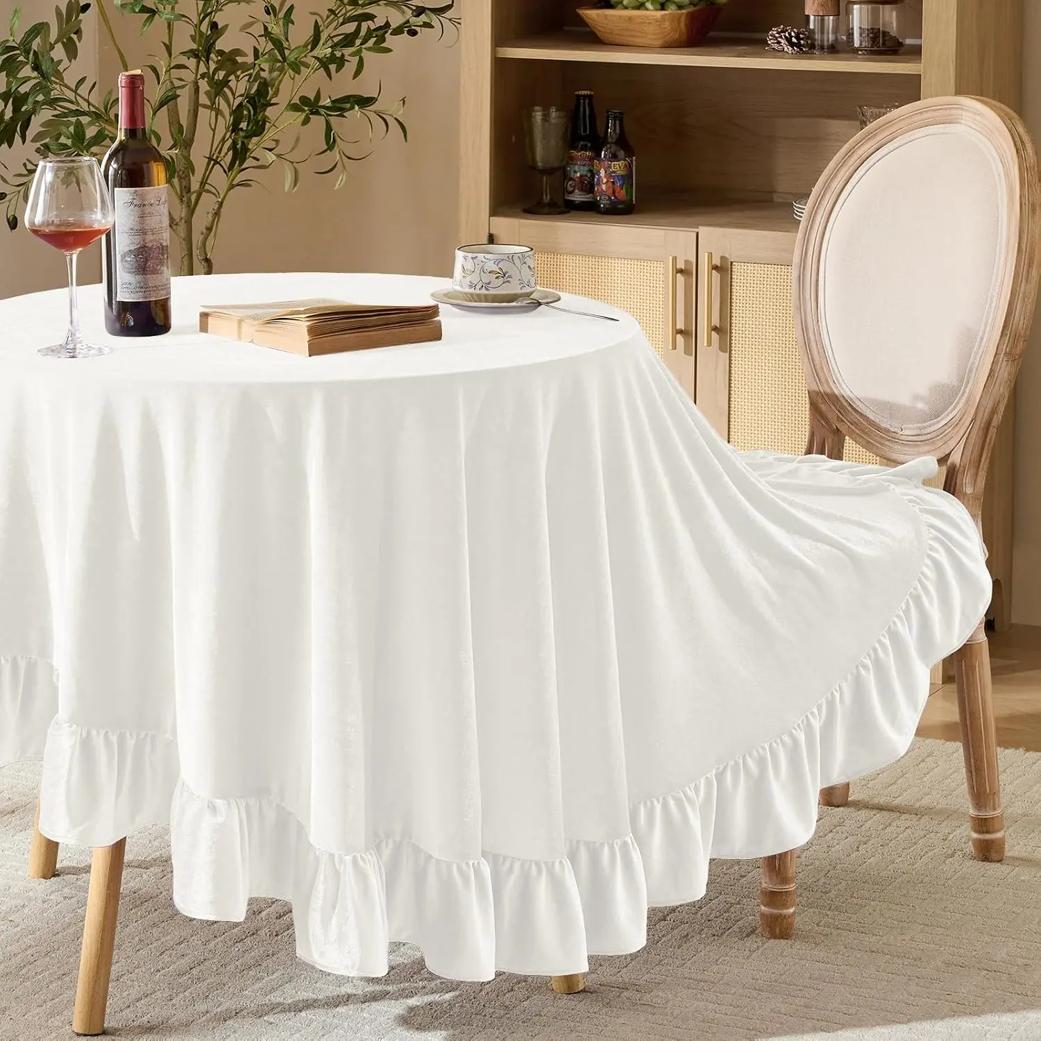 KKJIAF Ivory Velvet Round Tablecloth 70 inch for Wedding Parties| Retro Farmhouse Ruffle Tablecloth, Soft & Comfortable Washable Table Cover, 4.72" Ruffle Edge, Elegant & Romantic