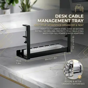 No Drill Clamp On Desk Cable Management Tray, Carbon Steel Under Desk Cord Organizer Holder for Power Strip & Charger Cables, Office Desk Wire Storage Rack