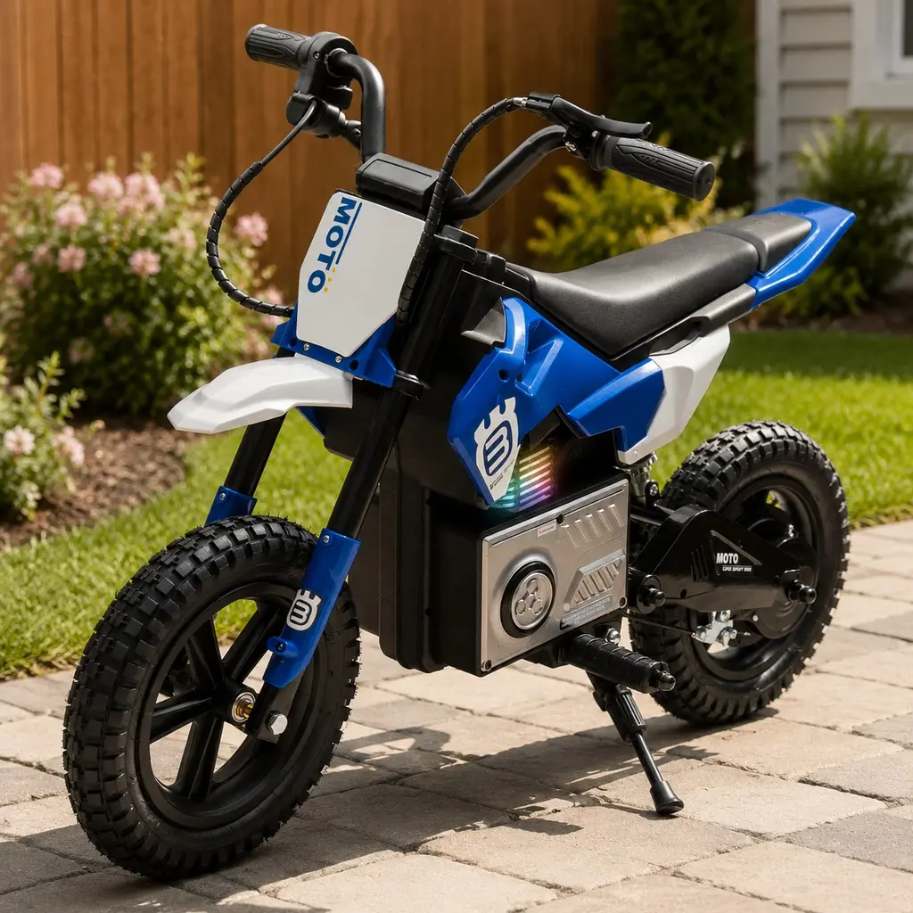 ARCH 24V Kids Ride On Electric Motocross Motorcycle, 200W High Speed Hub Motor, Rear Wheel Shock Absorber, Adjustable Speed, LED Breath Lamp, Bluetooth Music, Speeds 3.11-9.32MPH, for Kids Aged 5-12, Blue Polypropylene, Blue Color Options