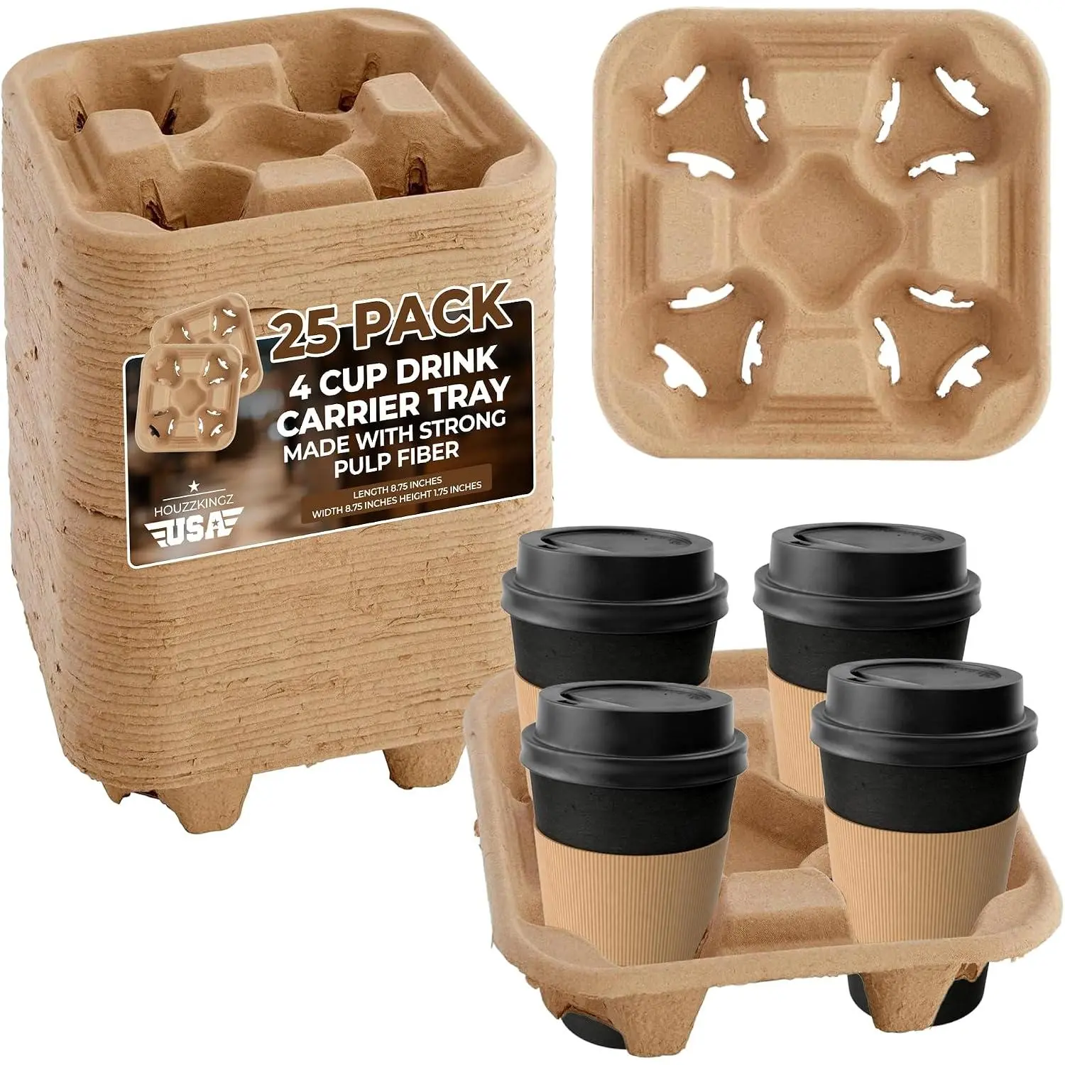 4 Cup Holders Drink Carrier 8-32 oz | 25 Cup Holder Tray Drink Carrier for Delivery Drinks Hot and Cold Beverages – To Go Disposable Compostable Pulp Fiber Restaurant Supplies, Coffee Shops,  Eats