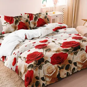 3Pcs Romantic Red White Rose Floral Pattern PrintDuvet Cover Set, Love Heart Pattern Bedding Set, For Family Bedrooms Dormitories Hotels (1 Duvet Cover + 2 Pillowcases No Comforter No Pillow)