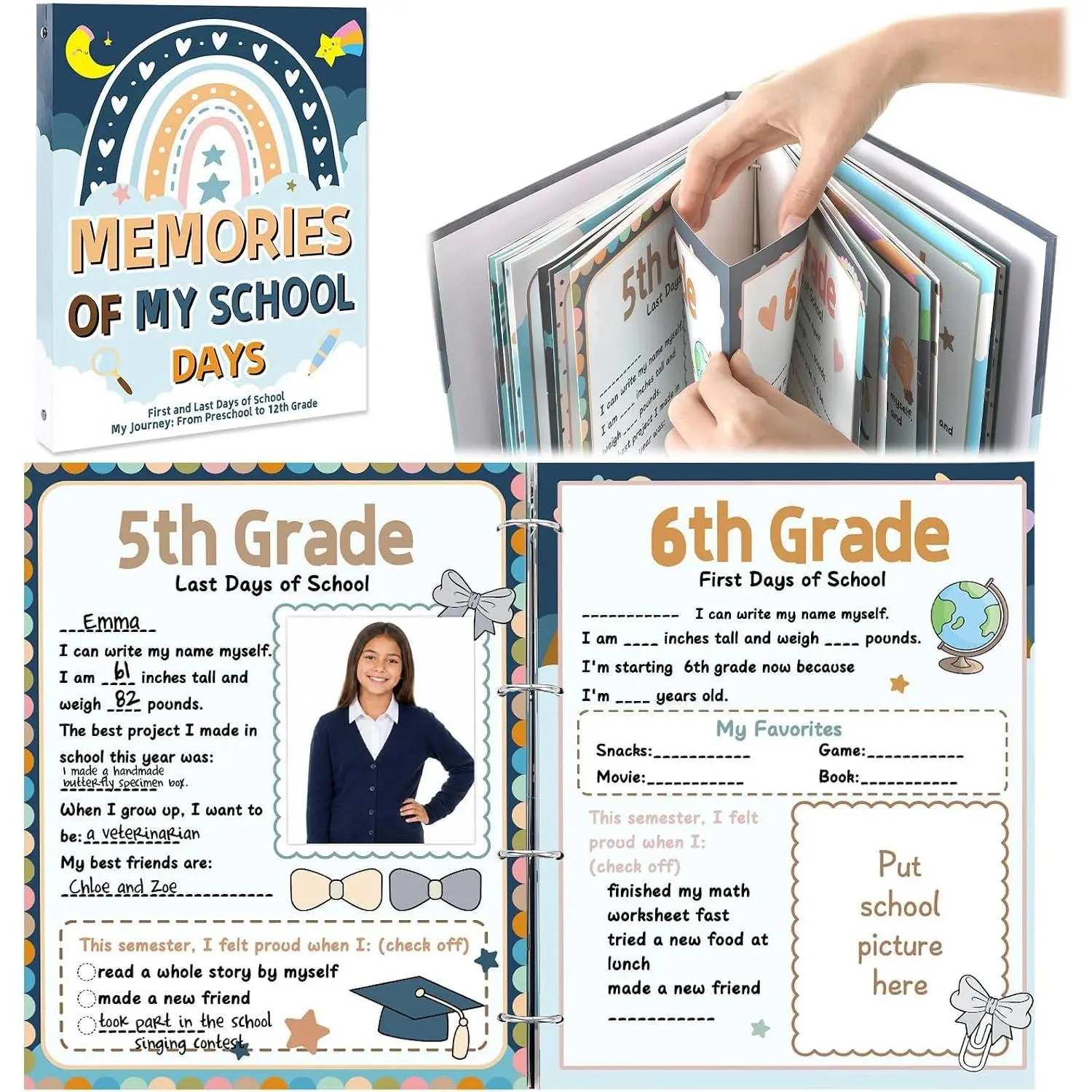School Memory Book Photo Album for  Boho  Scrapbook with Storage Pocket Portfolio from  Through 12th Grade College for Classroom Childhood Days  to School Gifts