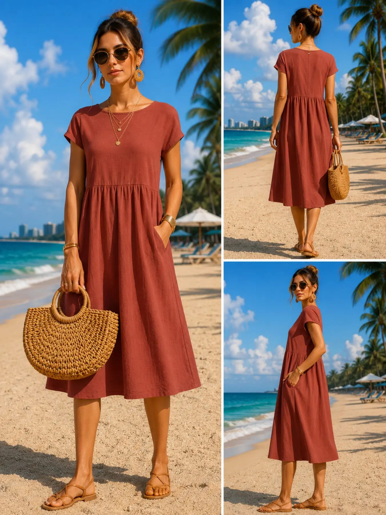 Women’s Casual Midi Dress with Pockets, Loose Short Sleeve Crew Neck, Summer Beach Dress, Comfortable and Stylish for Women