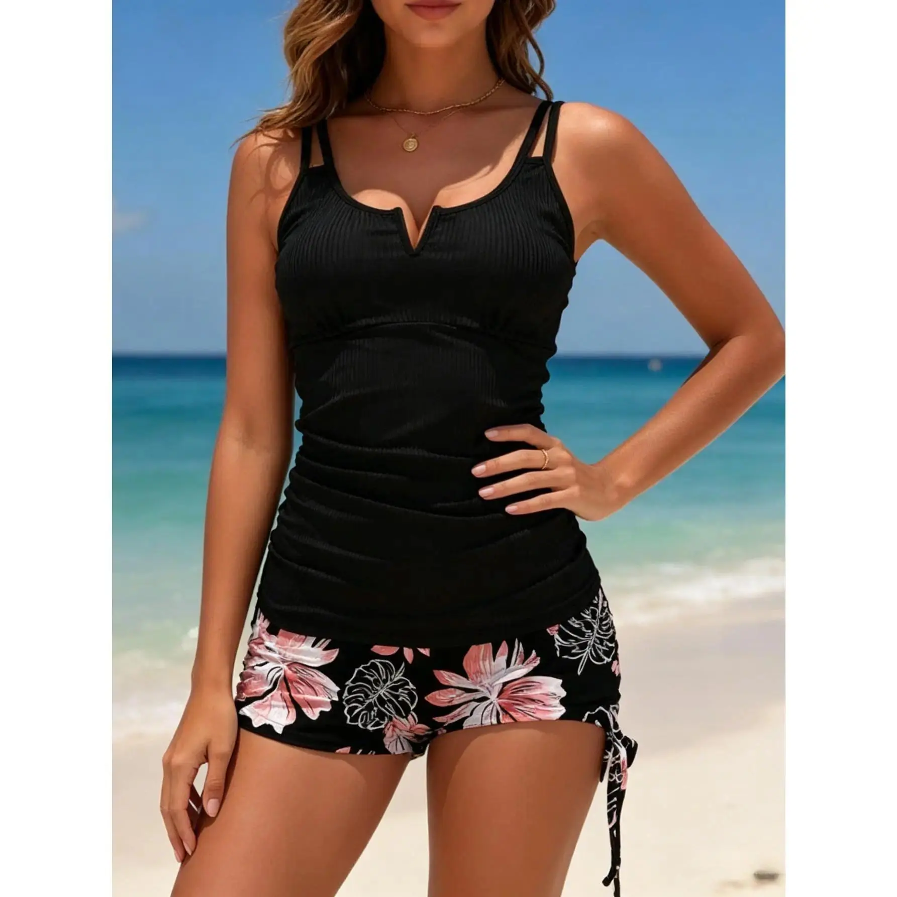 Plus Friendly Floral Print Tankini Set for Women, Notch Neck Double Strap Ruched Tummy Control 2 Piece Bathing Suit, Side Tie Boyshort Bottom Modest Swimwear for Beach Pool Vacation