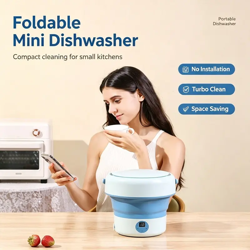 Foldable Mini Dishwasher, Portable Countertop Dish Washing Bucket with Turbo Cleaning, Ozone & Blue Light Function, 5/10 Min Timer, Stainless Steel Rack, Compact Dishwasher for RV, Dorm, Small Apartment, Fruit & Vegetable Wash