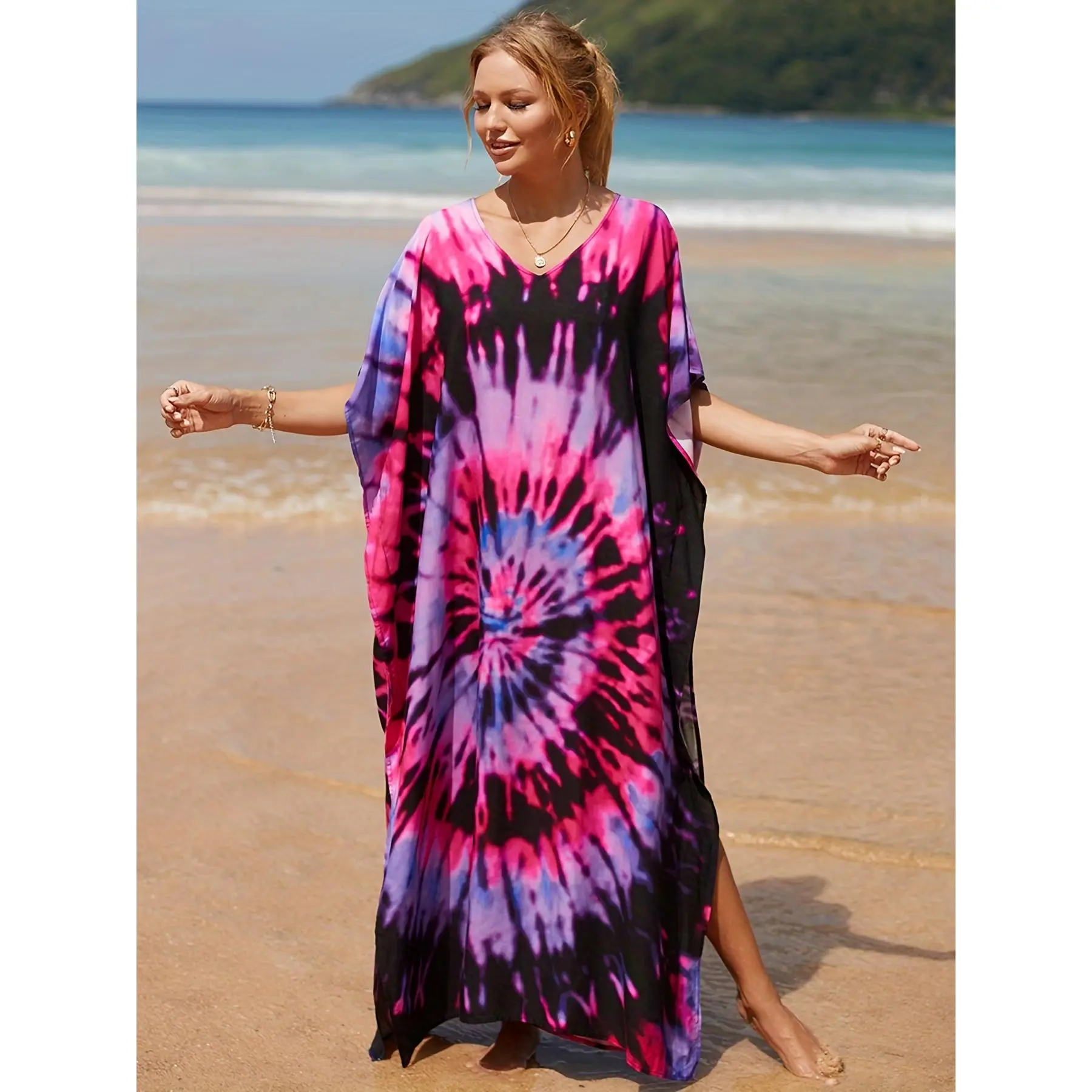 [Plus-Size Kaftan Tunic] Plus-size kaftan tunic with tie-dye print V-neck and side slits bohemian maxi dress bikini cover-up beachwear date vacation and loungewear