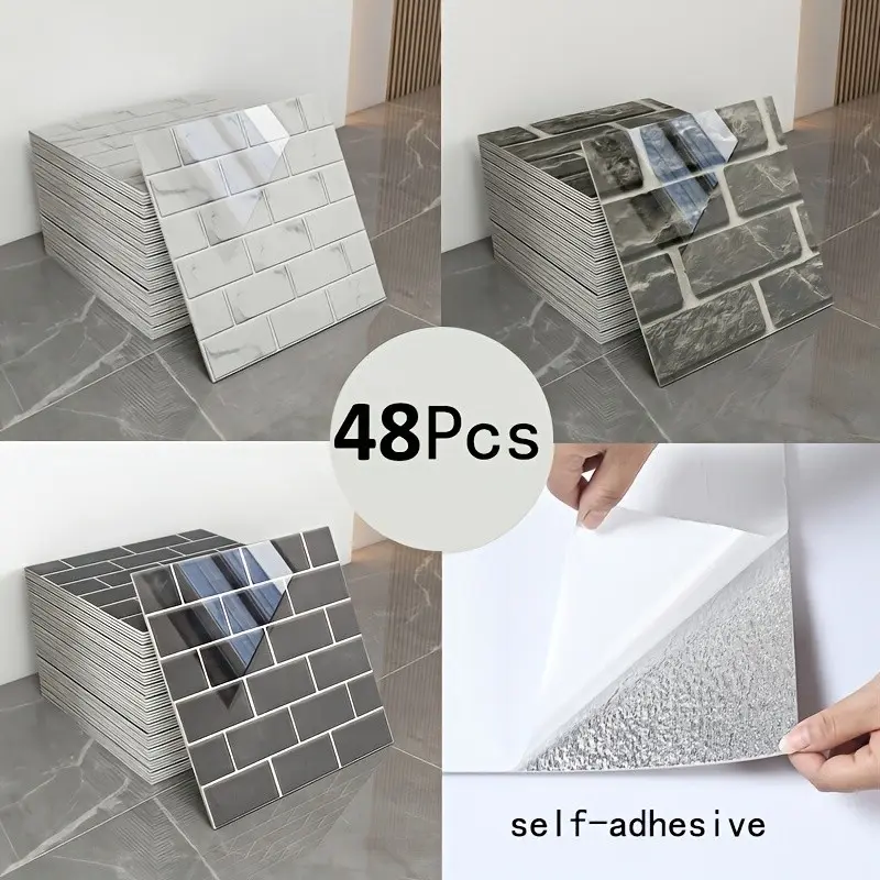 48-Piece Waterproof PVC Floor Tiles, Self Adhesive Textured, Marble Texture, Thickened Package, 11.8x11.8 Inches, Easy Installation, Durable Material, Customizable Cut