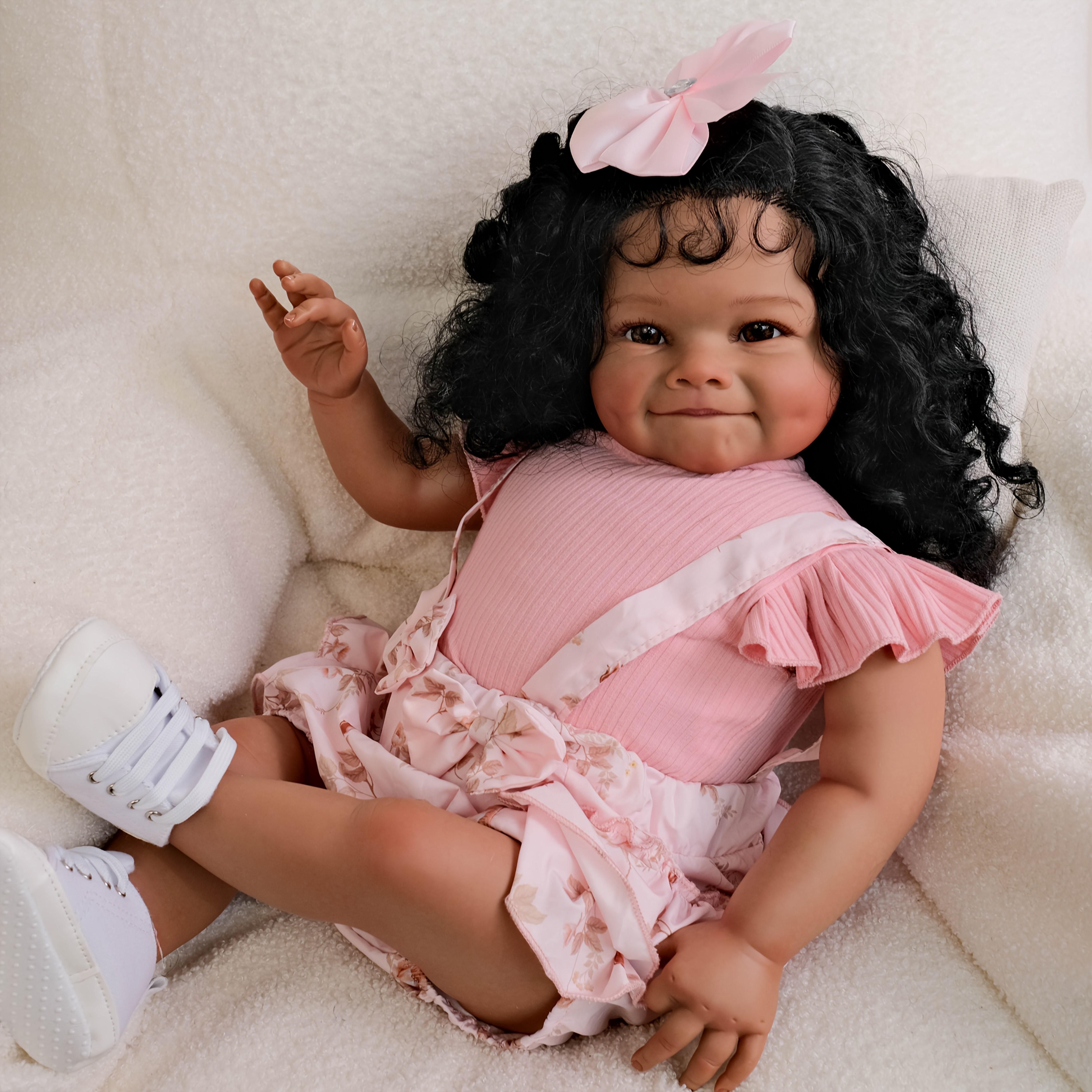 A complete set for the baby 24inch Realistic Reborn Girl Smile Doll Soft Touch HandPainted 3D Light Beige HandPlanted Curly Black Hair for Play and Collection with Clothing and Accessories Ideal for Birthday Gift A complete set for the baby 24inch Realistic Reborn Girl Smile Doll Soft Touch HandPainted 3D Light Beige HandPlanted Curly Black Hair for Play and Collection with Clothing and Accessories Ideal for Birthday Gift