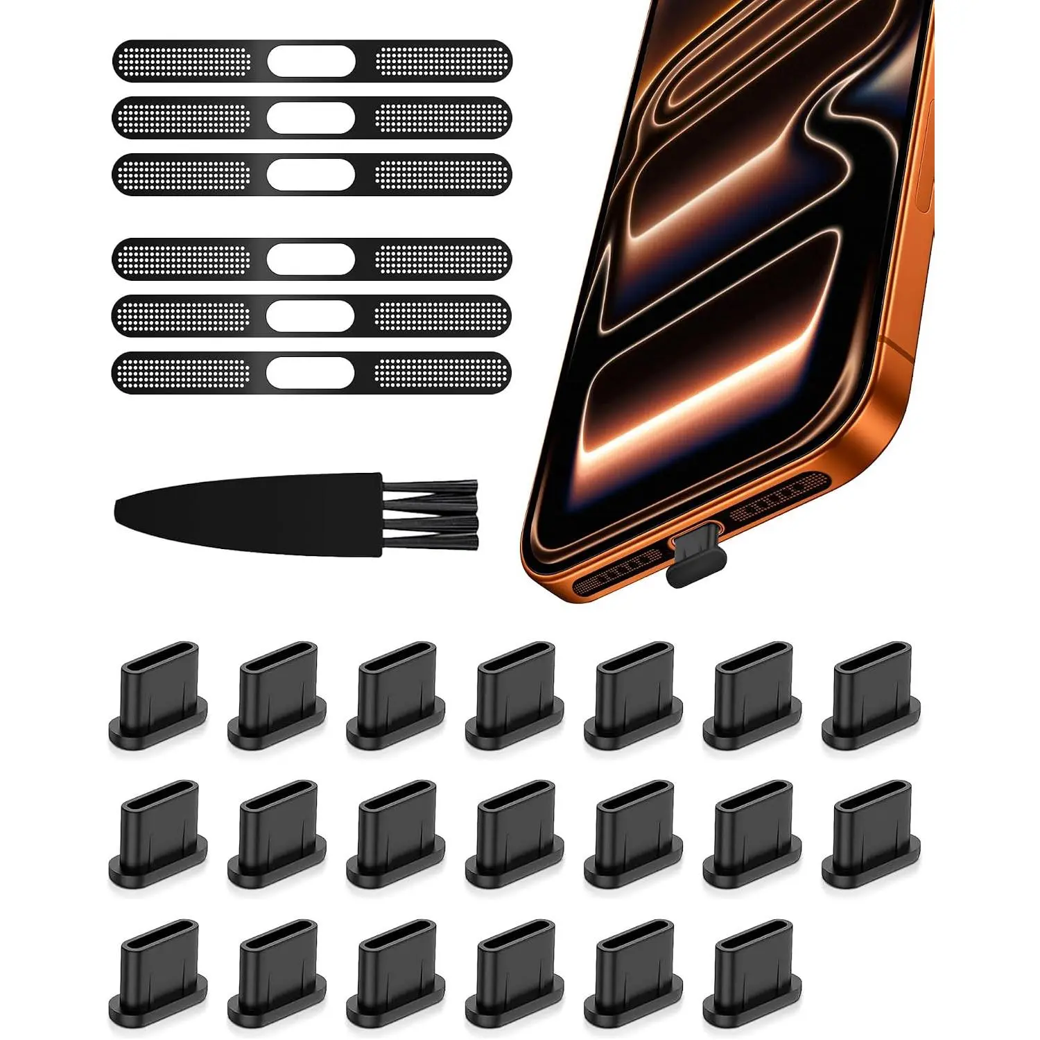 USB C Dust Plug Port Cover Protectors 20 count with Phone Speaker Cover Bumper Stickers 6 count Compatible for  17 Pro with Cleaning Brush - Black  and Metal Mesh Accessories