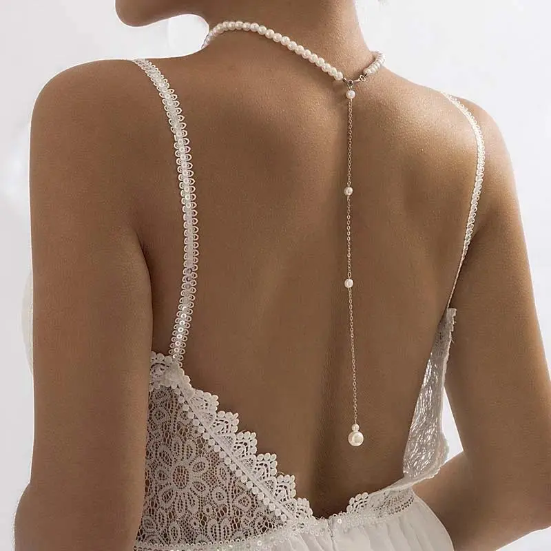 Vintage Elegant Imitation Pearls Back Chain Necklaces for Women Long Chain Tassel Pendant Wedding Jewelry Bikini Back Chain