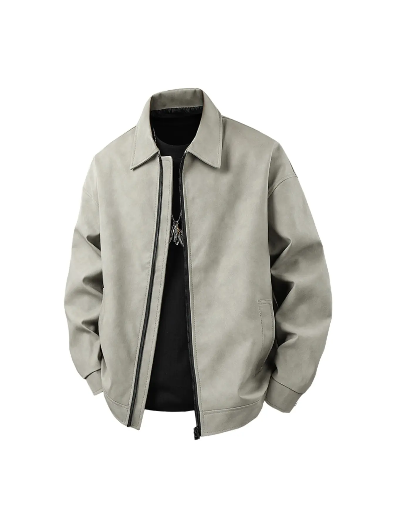 1pc TNZI men's lapel American retro fashion Plain Long Sleeve PU jacket simple thickened coat with zipper and pockets - windproof, comfortable and warm, suitable for or casual autumn/winter wear