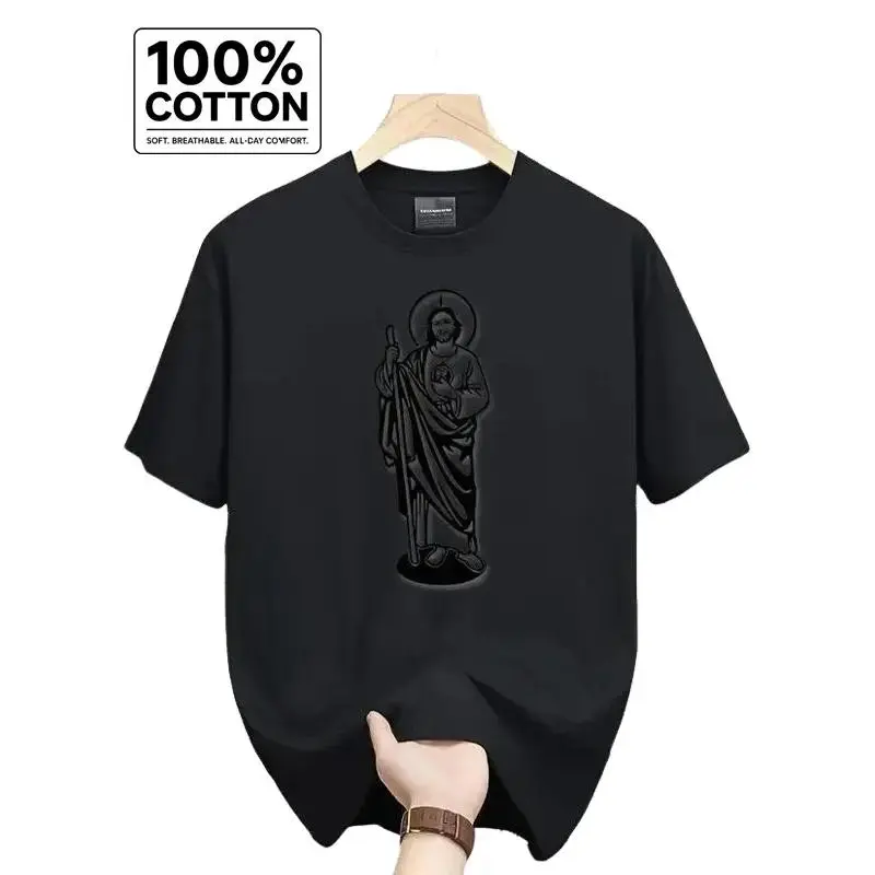 Men's Saint Judas Tadeo Print T-Shirt - 180g, Short-Sleeve Round Neck Tops, High-Quality Religious Design, Casual Clothing, Relaxed Fit Menswear Clothes, White & Black