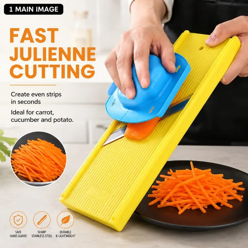 1PC Fast Julienne Vegetable Cutting Slicer, Manual Stainless Steel Mandoline Cutter with Safe Hand Guard, Kitchen Shredder Tool for Carrot, Cucumber, Potato, Zucchini, Salad Prep and Daily Cooking