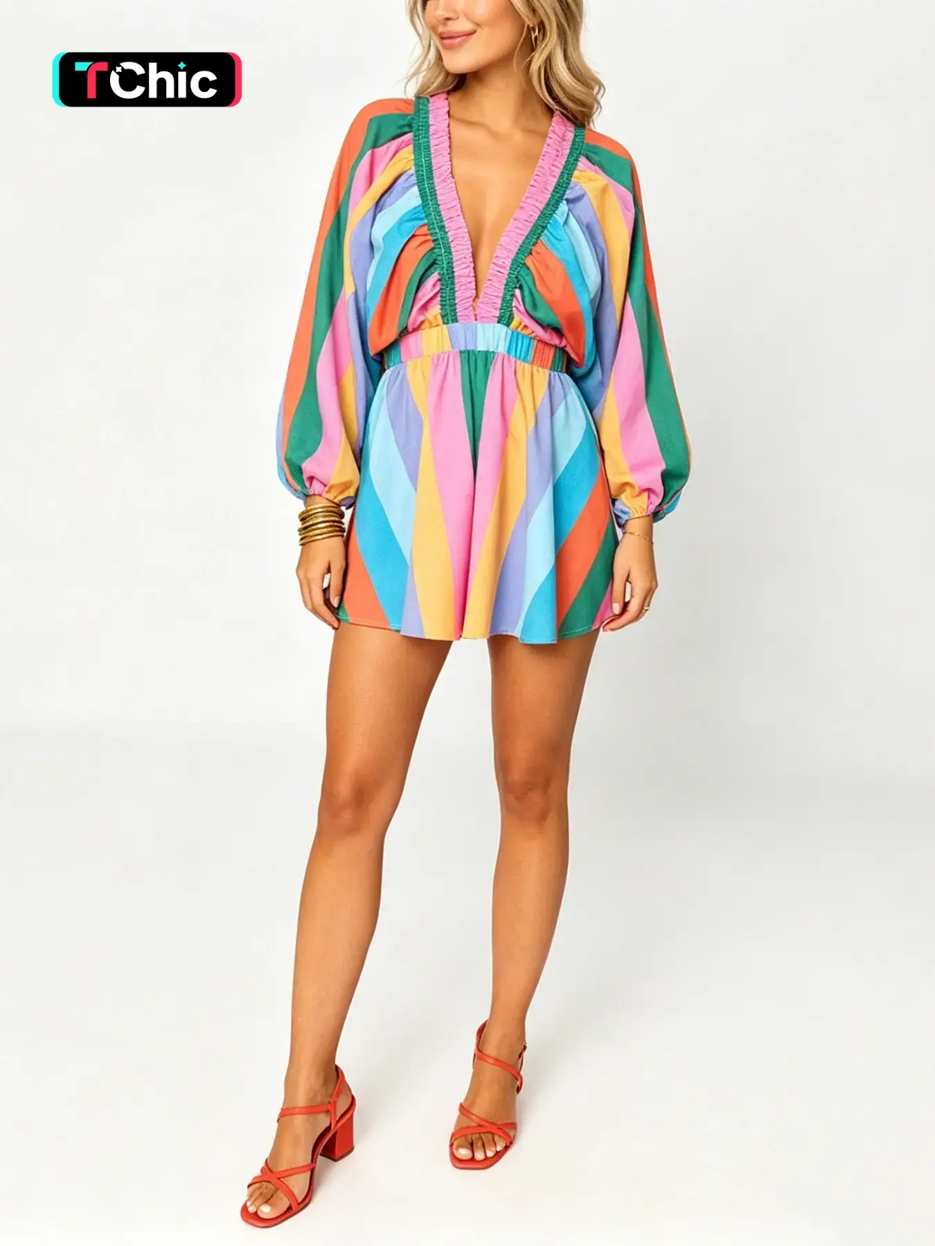 Women's V-Neck Long Sleeve Waist Cinched Loose Bodysuit, Comfortable and Stylish One-Piece Jumpsuit, Perfect for Casual Wear