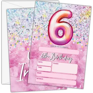 Pink 6th Birthday Invitations with Envelopes (25-Count) Rainbow Foil Fill-in Party Invite Cards for Girls Kids Party Supplies Favors Decorations