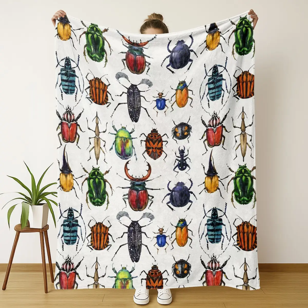 Vintage Beetle Flannel Poly Blanket - Modern Home Decor, Multi-Size, 1-Piece Colorful Insect Motifs Throw with Watercolor Entomology Art, Double-Faced, for Nature Lovers, Home & Gifts, Indoor Use