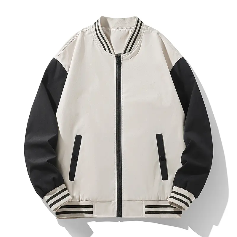 Men's Beige & Black Color Block Varsity Jacket - Fitted Cut, Medium Length, Polyester, Zip-Up Baseball Collar, Striped Rib Cuff & Hem, Windproof, Lightweight Casual Outerwear, Machine Wash, Ideal for Daily Wear & Spring Autumn Street Style, Windproof Coat