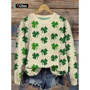 Women's Leaf Print Drop Shoulder Sweater, Casual Long Sleeve Round Neck Jumper for Daily Outdoor Wear, Women's Knit Top for Fall & Winter