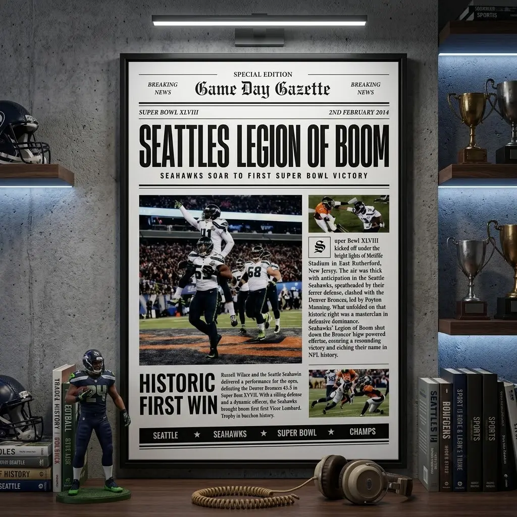 Seahawks Super Bowl XLVIII Champions Newspaper Print sports fan wall decor sports tribute poster Sports moment poster letter print vintage canvas wall art print room decor gift