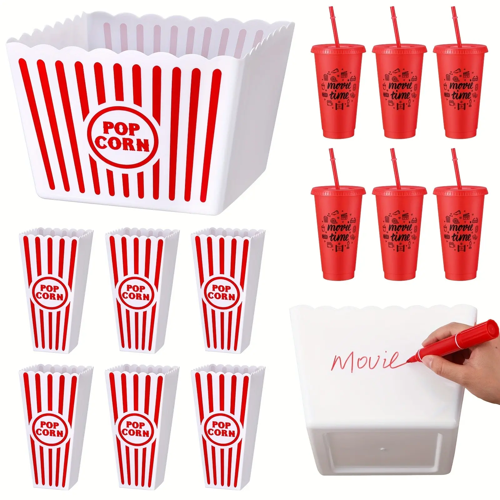 15pcs Movie Night Popcorn Organizer Set for Family Red And White Striped Plastic Popcorn Container Reusable Drinking Cup Movie Night Supplies for Family Home Theater Room Party