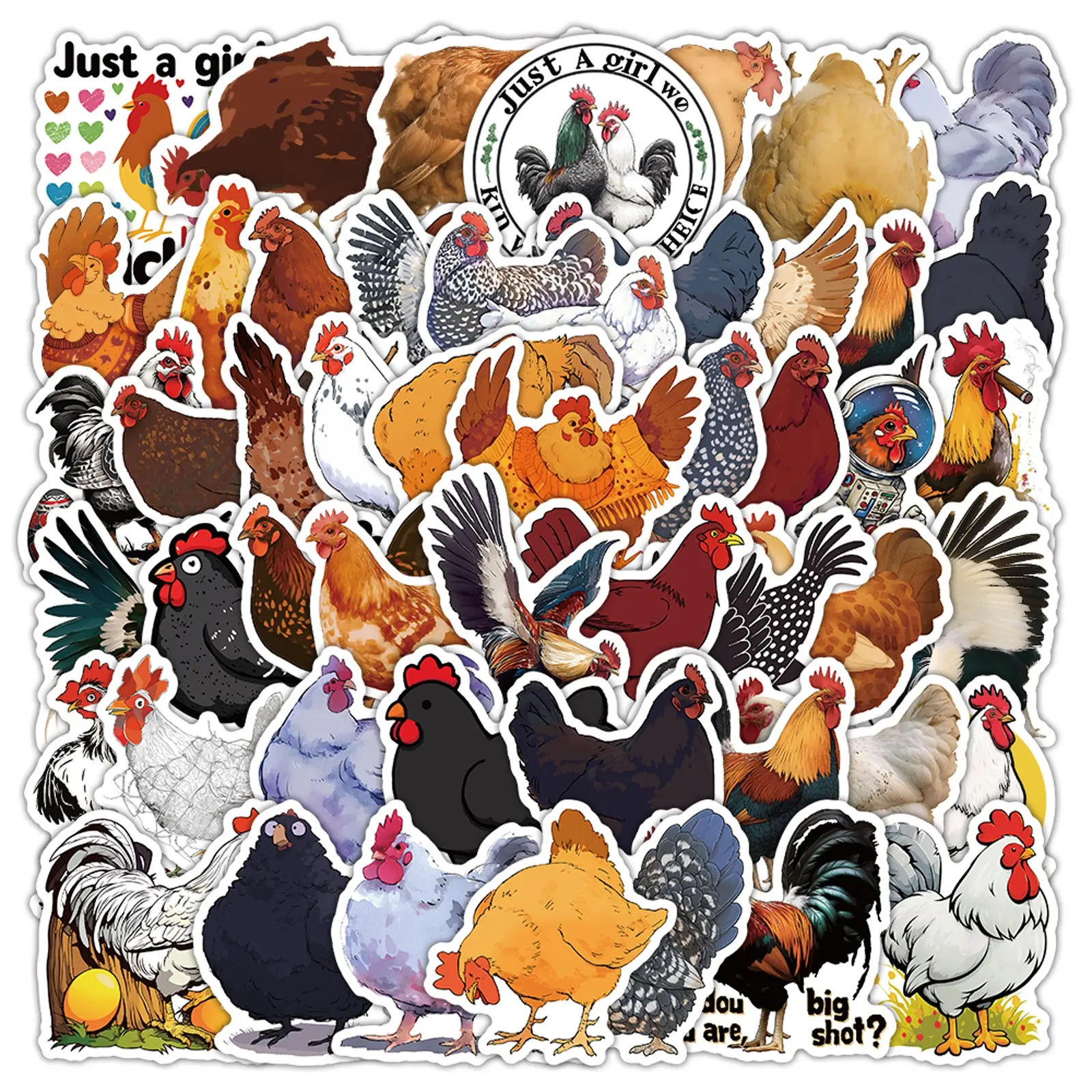 50 Chicken Pattern Vinyl Stickers, Ideal for Scrapbooks, Diaries, Laptops, Bumpers, Skateboards, Water Bottles, Cars, Decorative Decals
