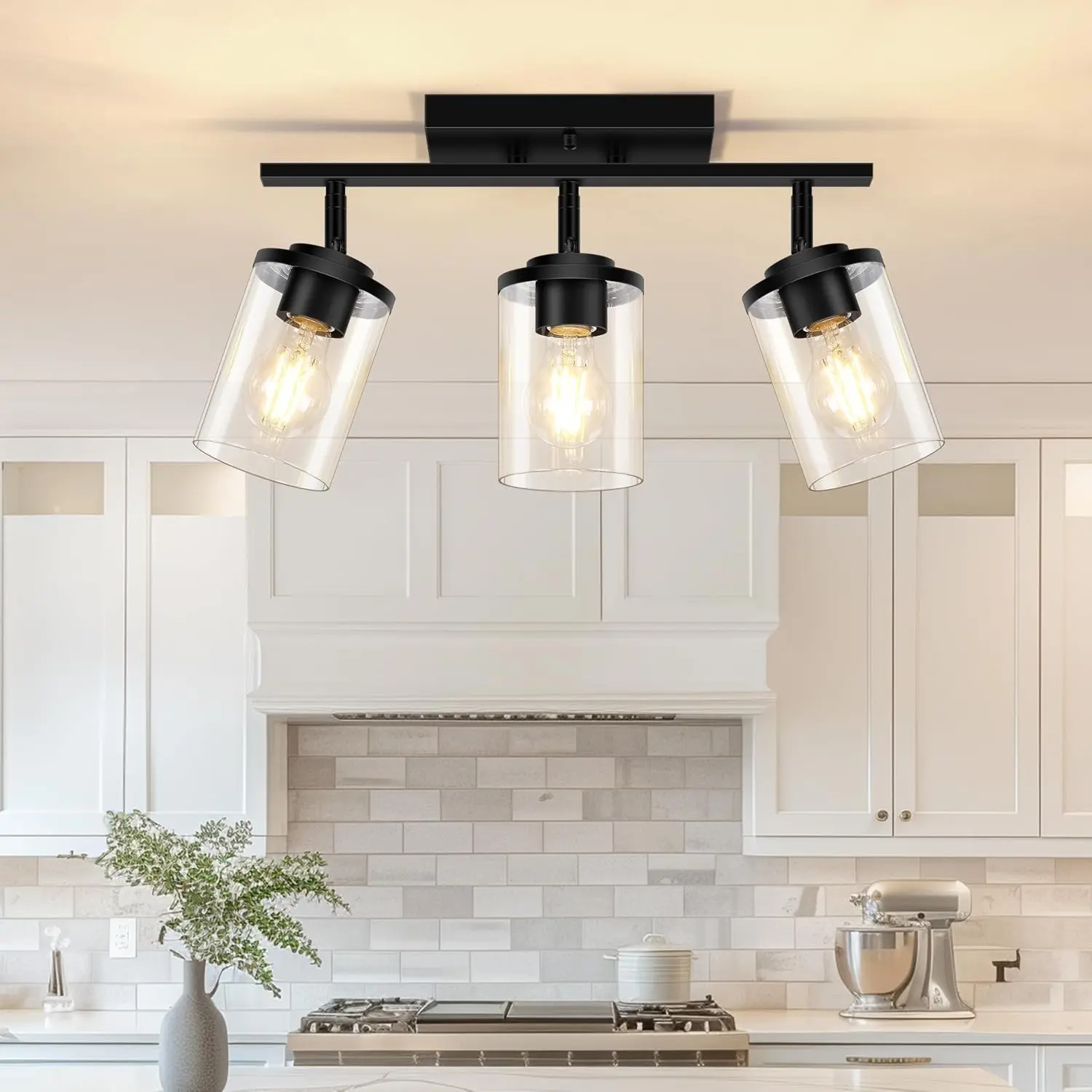 3-Lights Semi Flush Mount Ceiling Light, Adjustable Kitchen Light Fixtures Ceiling Mount with Clear Glass Shades, Rotatable Black Track Lighting Fixtures for Hallway, Foyer, Bedroom
