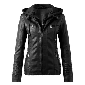 Leather Jacket Women Hooded Faux Pu Leather Motorcycle Jacket Zipper Long Sleeve Autumn Winter Coats Soft Outerwear Trendy New