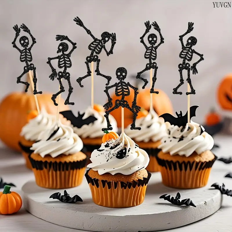 25pcs Halloween Skull Cupcake Toppers, Multipurpose Themed Decor with Glue Dots for Halloween Parties, Cupcakes & Treats, Indoor Recreation Cake Decorating Supplies, Party Decor, Fits Cupcakes