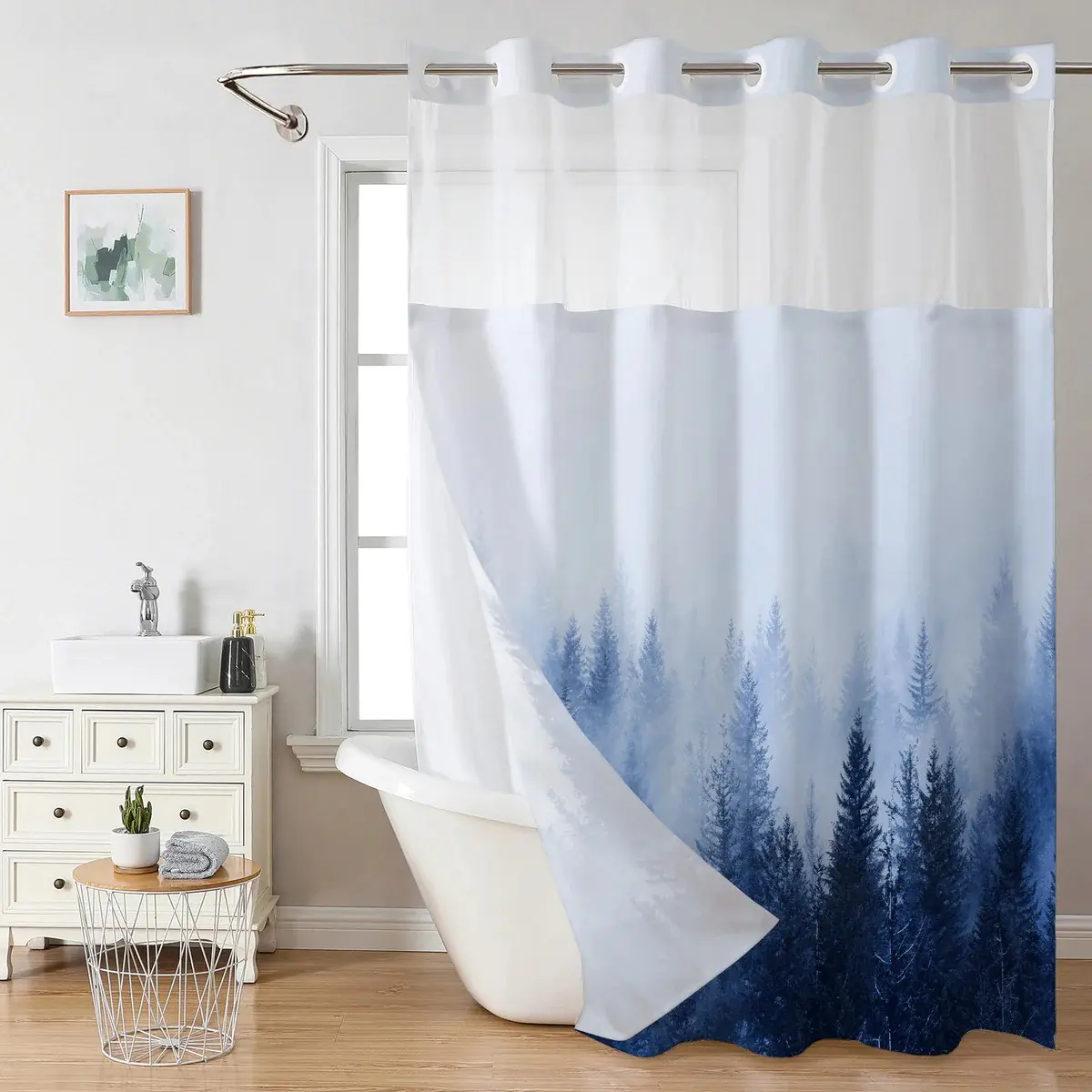 71×81 Inch No Hook Waterproof Shower Curtain Forest Tree Print Bathroom Curtain Built-in Split Rings Snap-In Hotel Style Curtain