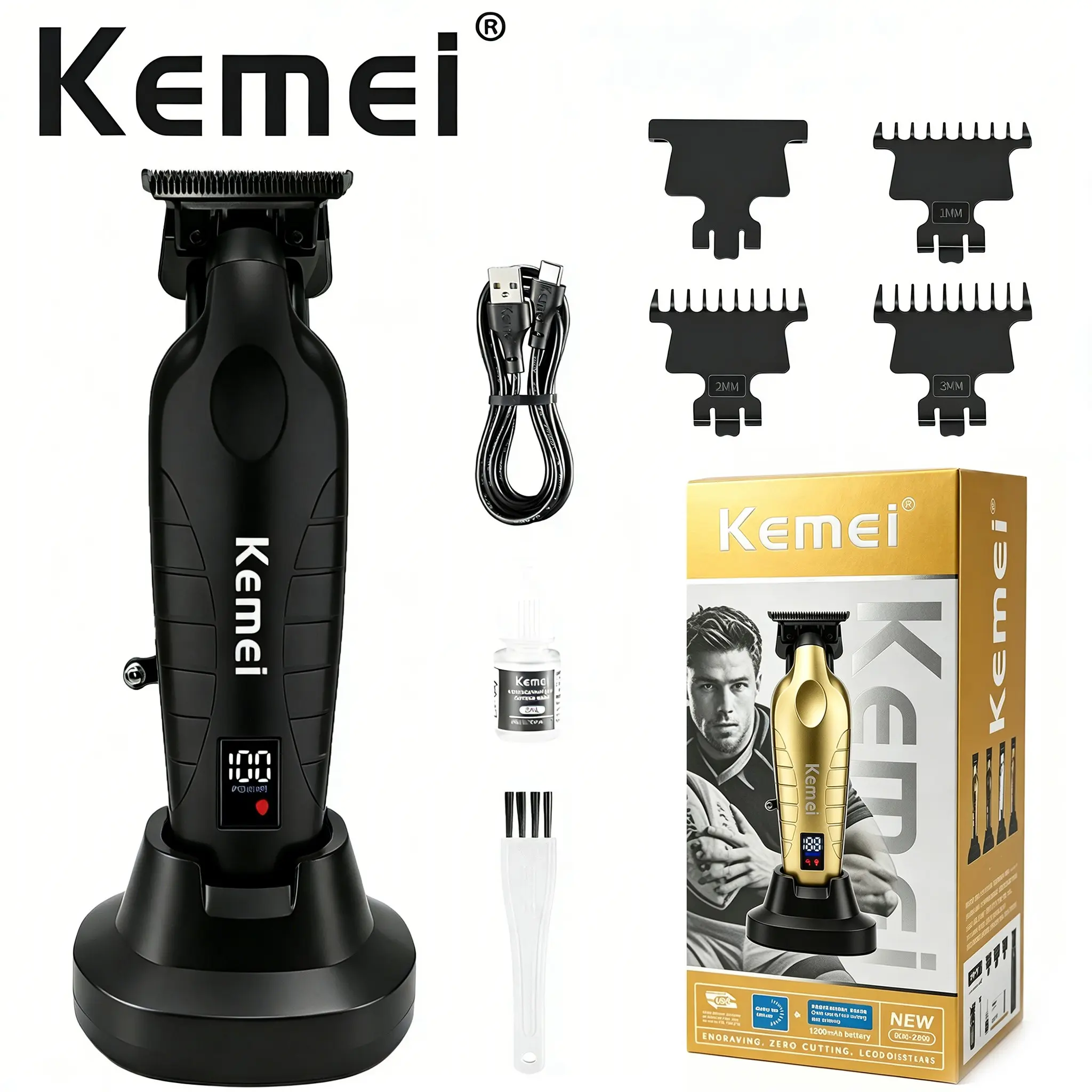 Kemei Km-Pg2499 Men's Hair Clipper, Rechargeable Clippers, LCD Display, Stable Power Output, Beard Trimmer, Sideburn Styler, Upgrade Series