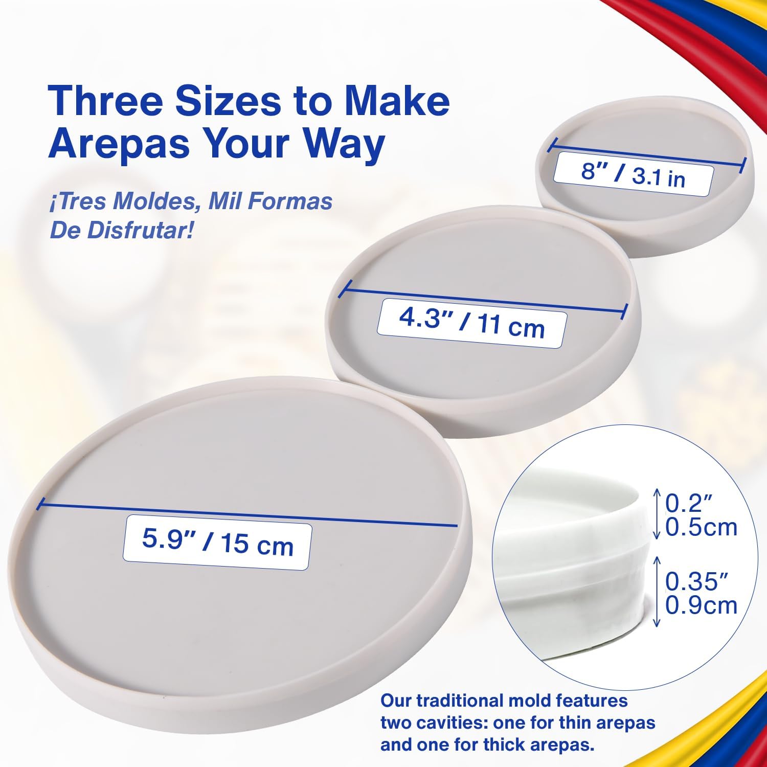 Arepa Facil Molde para Arepas with  Box - 3 Sizes (5.9", 4.3", 3.1") & Double Thickness for  Arepas Colombianas, Gorditas, and More - Durable, -Safe, Easy-to-Clean Kitchen Tool