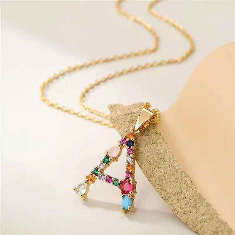 18K Gold Plated Initial Pendant Necklace, Vibrant Multi-Color Cubic Zirconia Letter A-Z Script Name Custom Pendant Necklace Trendy Alphabet A-Z Choker Birthday Anniversary Gifts