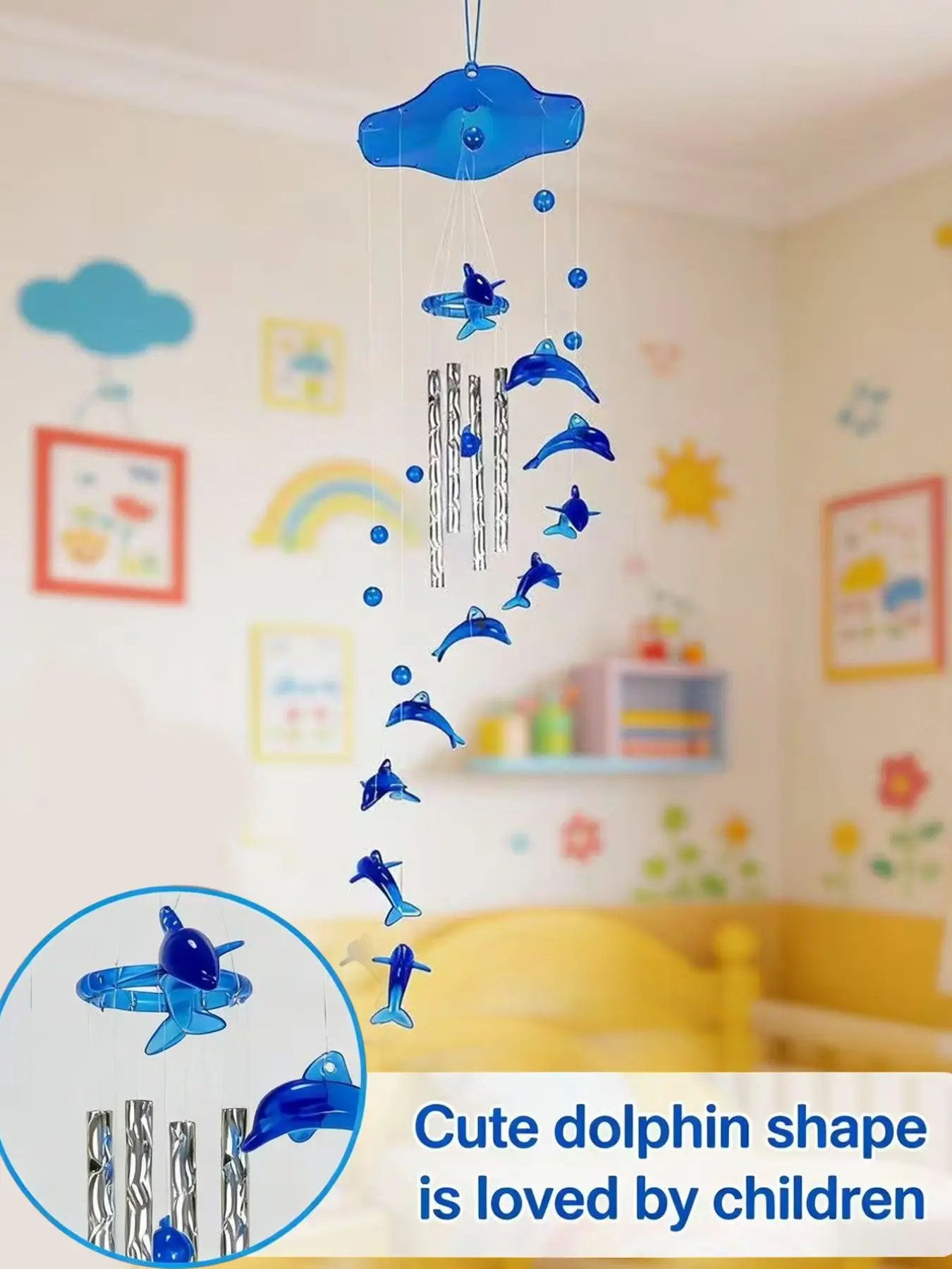 Royal Blue Dolphin Wind Chimes, Ocean-Themed Hanging Ornament, Healing-Style Metal Tube Decoration, Ideal Gift for Special Occasions