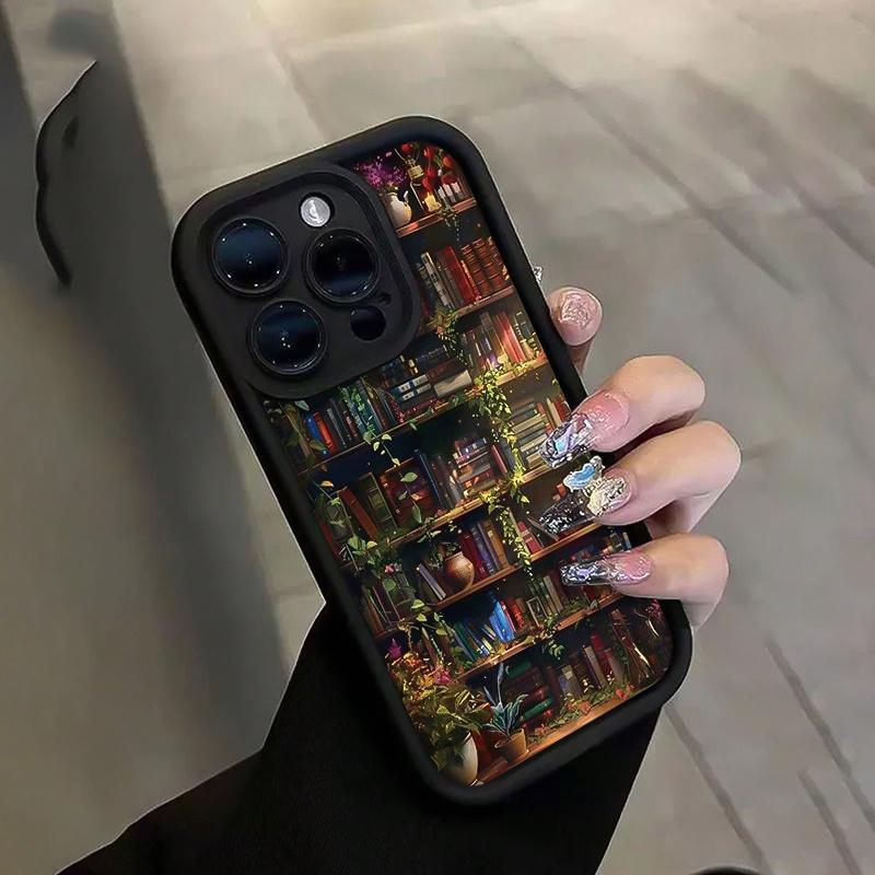 Phone case:Black Creative Bookshelf Book Pattern Anti-Drop Phone Case, Compatible with iiPhone 17 E Air Pro ProMax iPhone16 15 14 Plus 13 12 Mini 11 X XS XR, Aesthetic Black Phone Case, Birthday Gift for Boyfriend/Girlfriend, Cartoon Gift for Him and Her