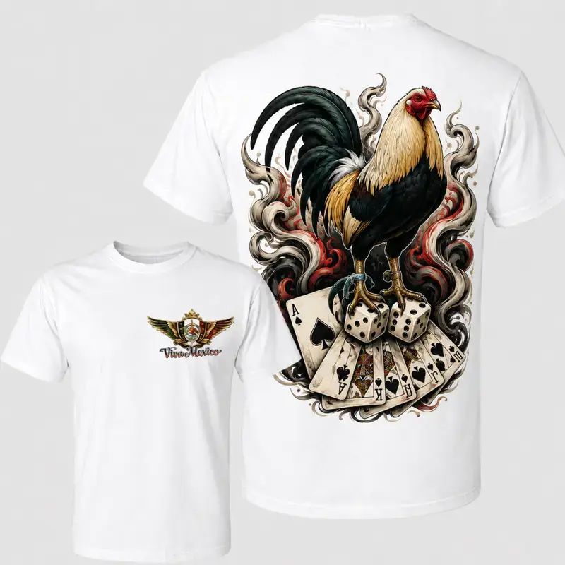 Women's Stretchy Breathable Cotton Shortsleeve Hem T-Shirt - Viva Mexico Rooster, Gallo Fino Poker Graphic, Dice Cards Rancho Life Unisex Gift For Men, Fabric, Ribbed