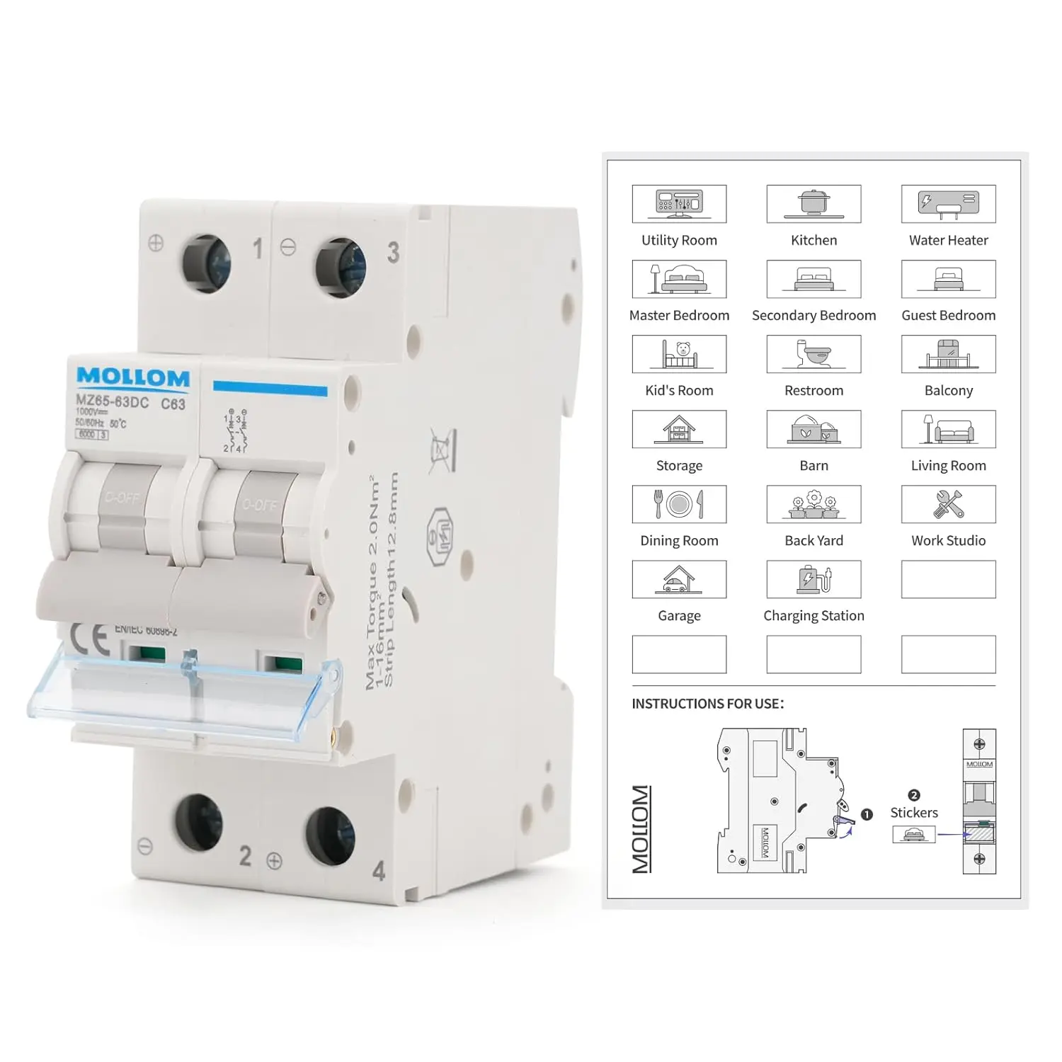 1000V DC 2-Pole Miniature Circuit Breaker (C63, 63A) - Thermal Magnetic Trip, 6KA Breaking Capacity, Scene Visualization Customization, 35mm DIN Rail Mountable, IEC 60898-2, MCB2PDC1000V063 Disconnect Switch for Solar PV Systems (1P/2P Option)