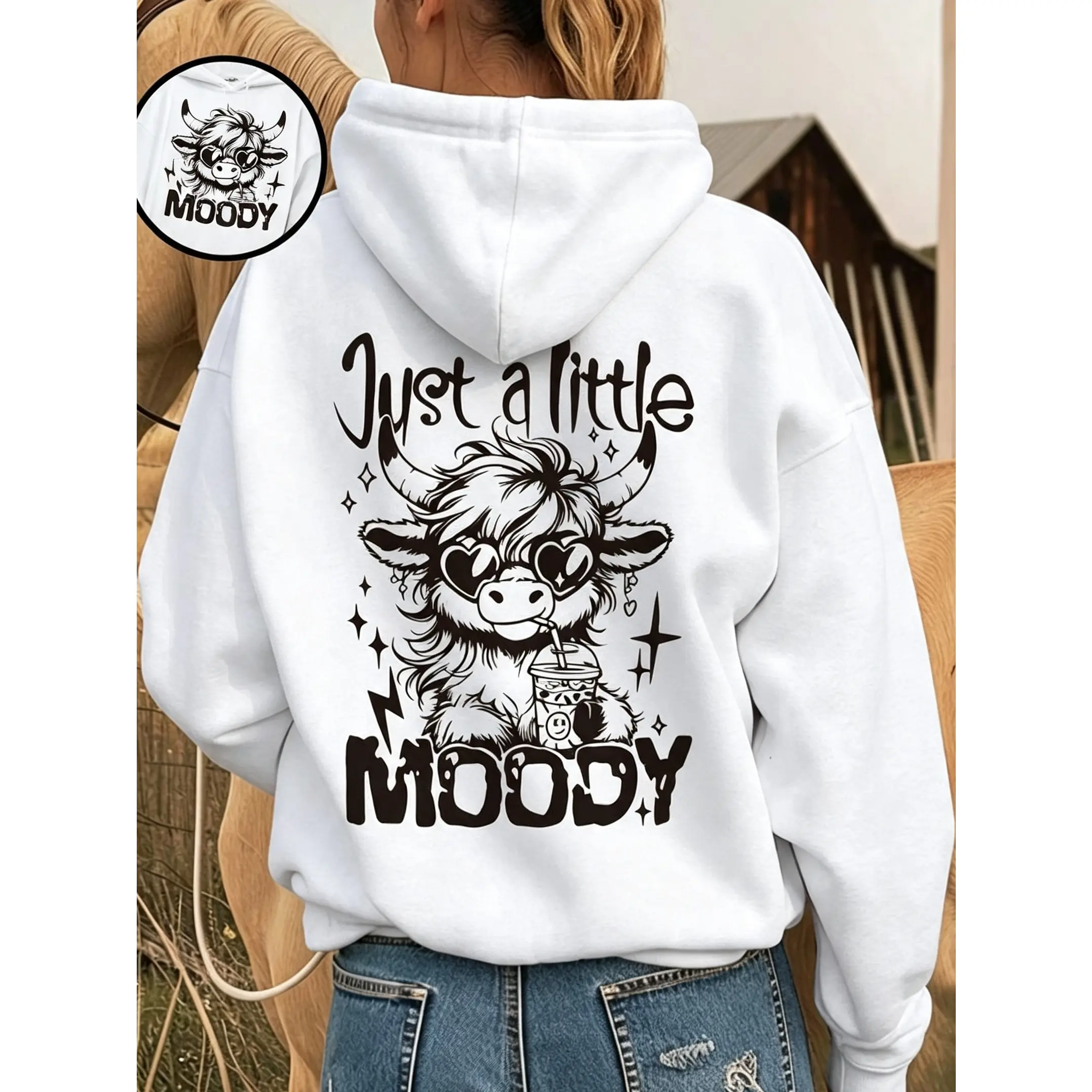 Just A Little Moody Highland Cow Back Print Oversized Hoodie Funny Western Cow Graphic Pullover Hoodie