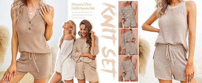 Imily bela Women's 2 Piece Outfits Sweater Sets Off Shoulder Knit Top Shorts Matching Suits Cute Pajama Lounge Set