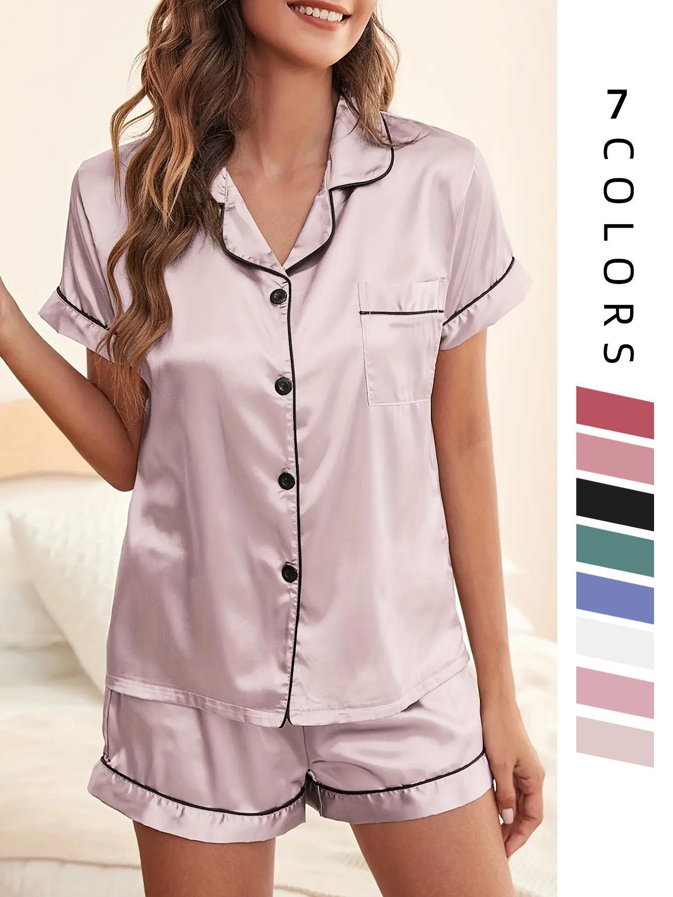 Two/Four/Six Counts Women's Satin Pyjama Lounge Co-ord Set, Lapel Collar Button Front Pocket Blouse & Contrast Binding Elastic Waist Pj Shorts Pajama Set, Lady Homewear for Summer, Back To School Wear Black Girl Wear Valentine's Day, gift Two/Four/Six Counts Women's Satin Pyjama Lounge Co-ord Set, Lapel Collar Button Front Pocket Blouse & Contrast Binding Elastic Waist Pj Shorts Pajama Set, Lady Homewear for Summer, Back To School Wear Black Girl Wear Valentine's Day, gift