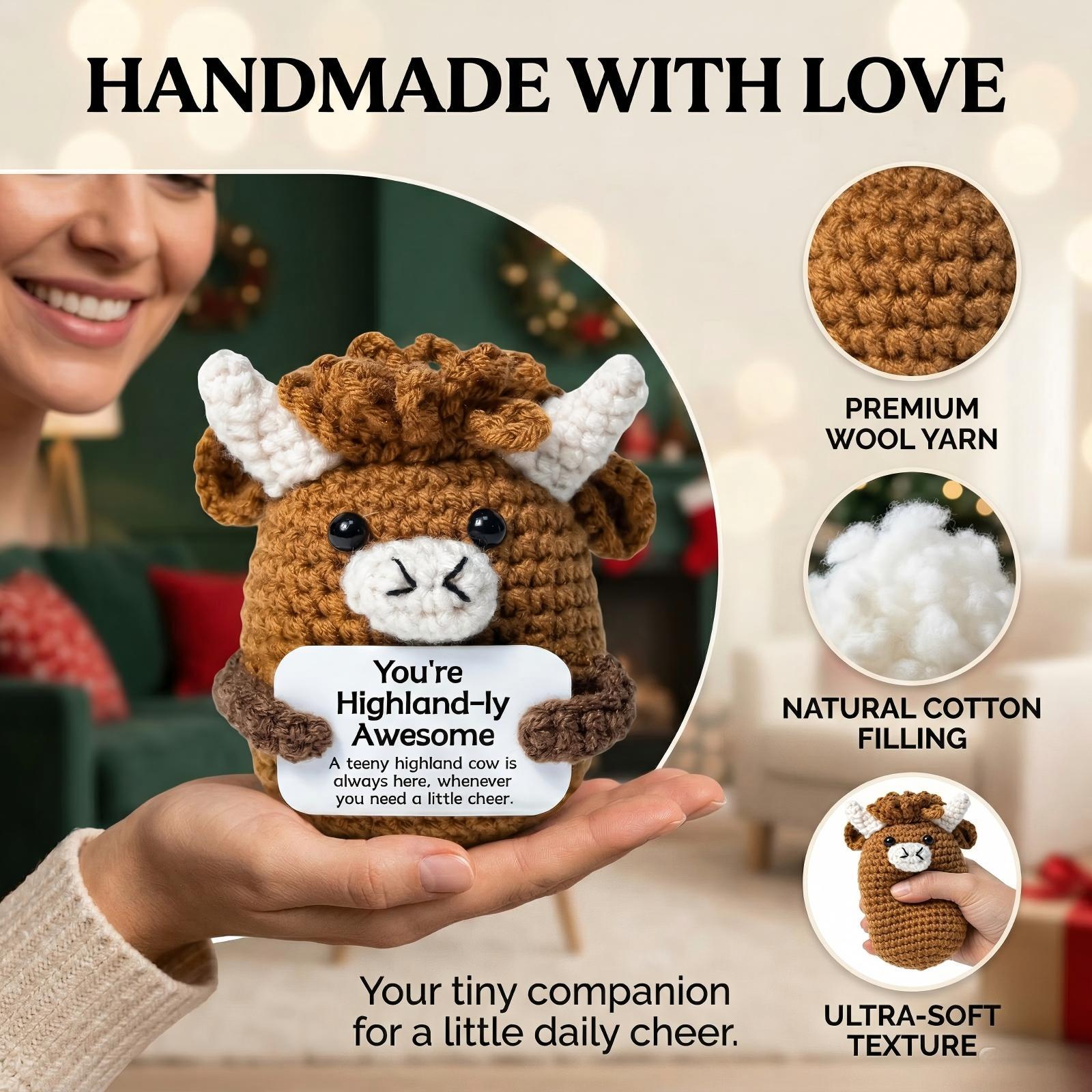 Cute Handcrafted Highland Cow Knit Plushie,Ultra Soft Fluffy Stuffed Animal,Squishy Relaxing Toy for Anxiety Relief,Adorable Bag Keychain Pendant,Perfect Festival Gift for Family Friends,Desk Bedroom Car Decor,Unique Handmade Crochet Cow Doll