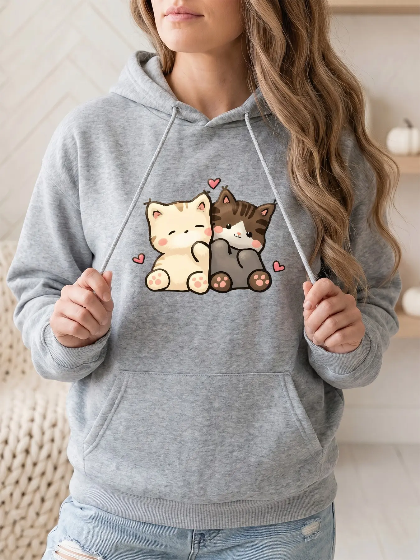 Women's Fashion Hooded Sweatshirt, Cartoon Cat Print, Drawstring Kangaroo Pocket, Fall Winter Casual Sports Top, Perfect for Parties