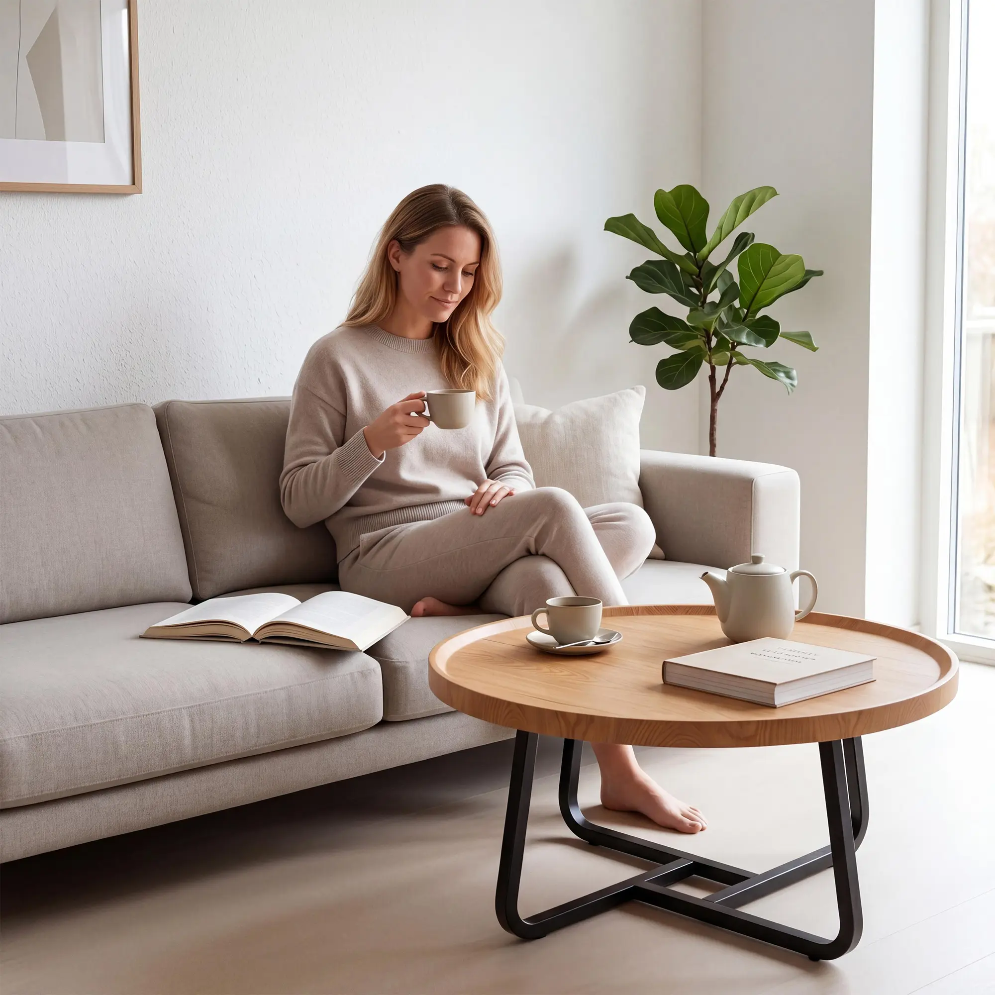 Round Coffee Table for Living Room, Industrial Circle Coffee Table, Modern Wooden Accent Center Table Sofa Side Table for Living Room, 21.7" x 21.7" x 15"