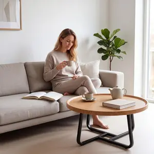 Round Coffee Table for Living Room, Industrial Circle Coffee Table, Modern Wooden Accent Center Table Sofa Side Table for Living Room, 21.7" x 21.7" x 15"