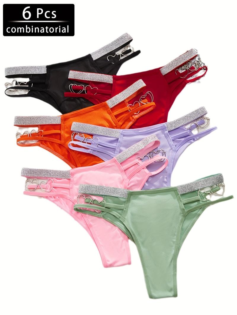 6 Pack Women's Sexy Heart-Shaped Chain Bikini Panties - Mixed Colors, Fashionable Soft Breathable Nylon Blend, Mature Elegant Low-Waist Design, Suitable for Parties and Romantic Dates Swim Knicker
