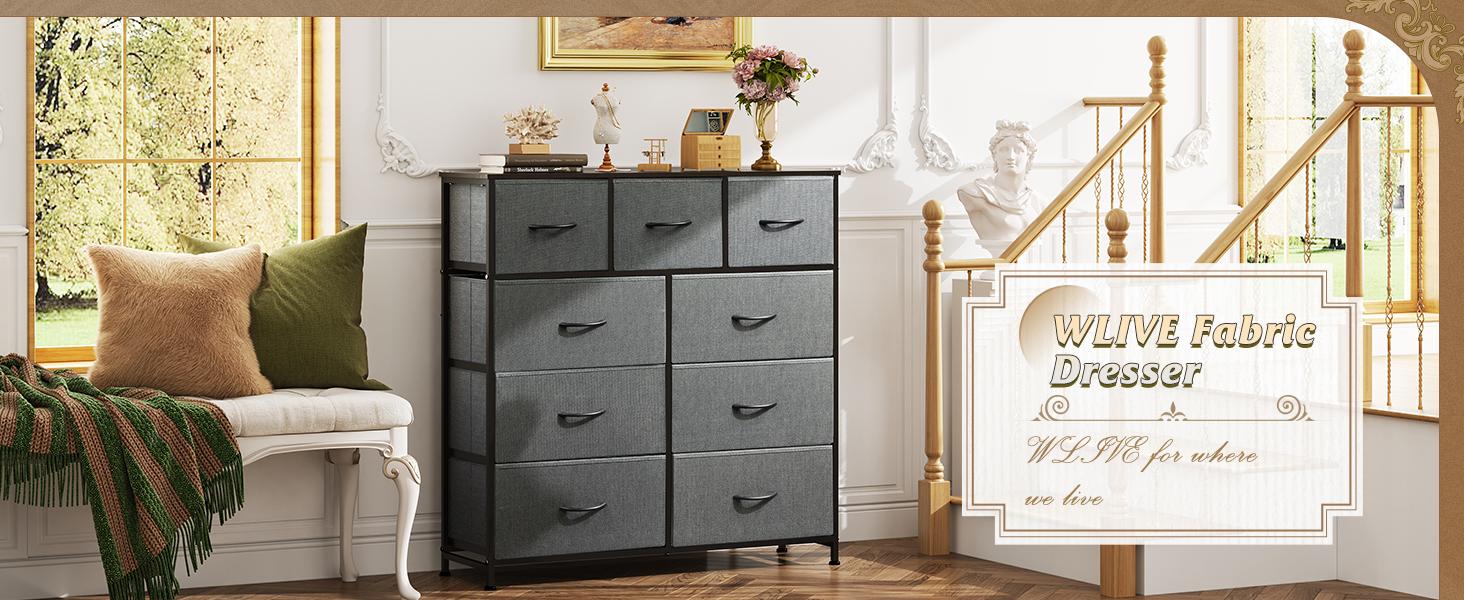 9-Drawer Dresser, Fabric Storage Tower for Bedroom, Hallway, Entryway, Closet, Tall Chest Organizer Unit with Fabric Bins, Steel Frame, Wood Top, Easy Pull Handle, Dark Grey