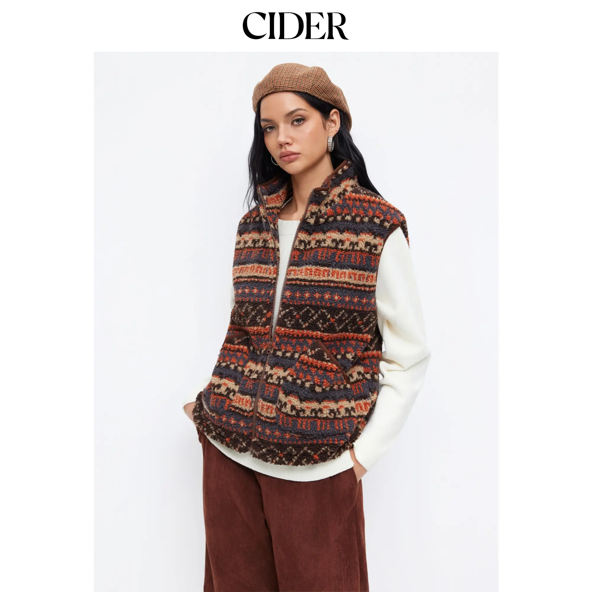 Cider Fleece Aztec Stand Collar Drawstring Zip Through Oversized Jacket Vest